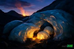 Glowing Ice Caves Heated by Volcanic Vents