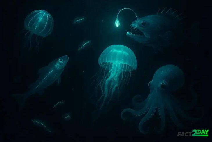 Deep sea bioluminescence: luminous spectacle of the depths.